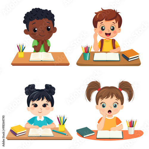 Back to school. Children at school are sitting at their desks.