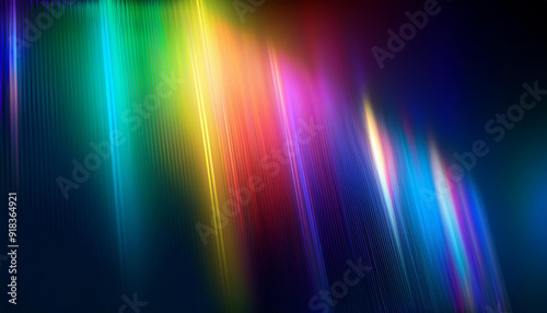 Vibrant Neon Light Spectrum Reflection on a Dark Horizon with Gradient Beams in Blue, Green, Yellow, Orange, and Pink Hues Against a Deep Indigo Background