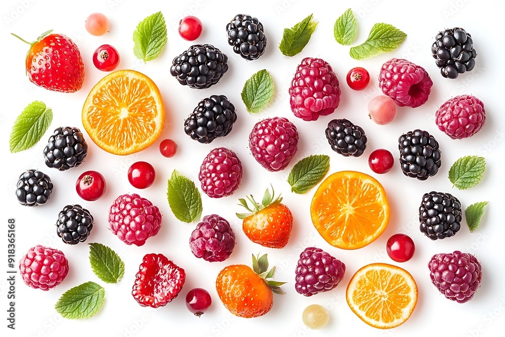 Fresh Berries, Orange Slices, and Mint Leaves on White Background - Food Photography Fresh Berries, Orange Slices, and Mint Leaves on White Background - Food Photography