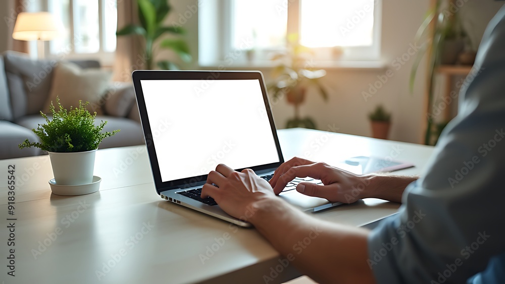 Man working on a laptop with a blank screen at his desk - POV - point of view perspective