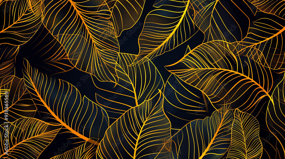 Banana leaf pattern using a golden outline with a black background. Banana leaf pattern using a golden outline with a black background.
