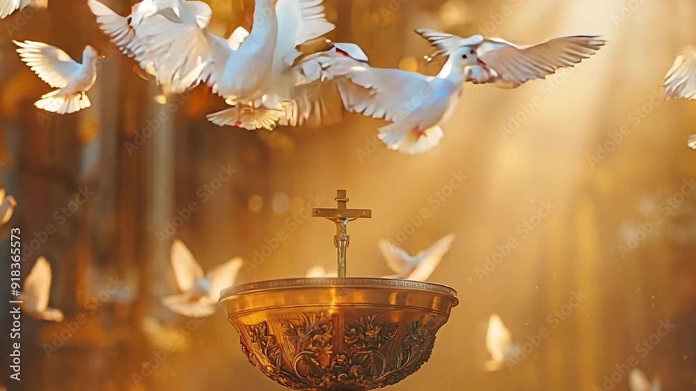 Chalice with cross at altar surrounded by doves in flight. Concept for the Holy Eucharist.
