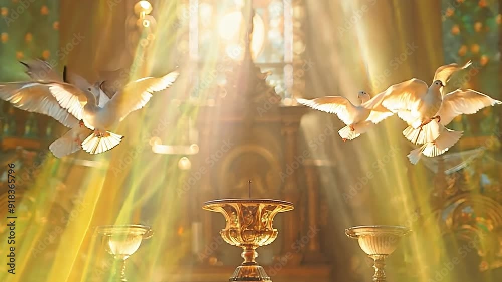 Chalice with cross at altar surrounded by doves in flight. Concept for the Holy Eucharist.