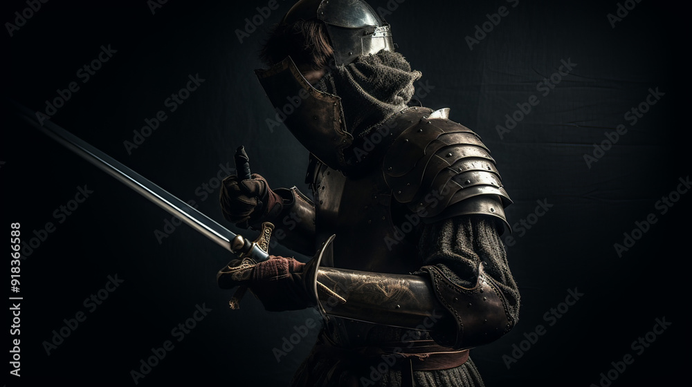 Obraz premium Photography of a medieval knight in the style of Caravaggio's chiaroscuro light. Renaissance theme and composition against a dark background and a chiaroscuro color scheme, studio photography, 