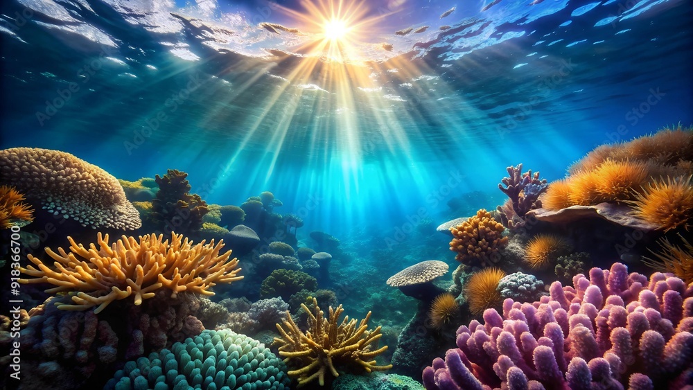 Obraz premium A Vibrant Underwater World of Coral and Sunlight Generative AI