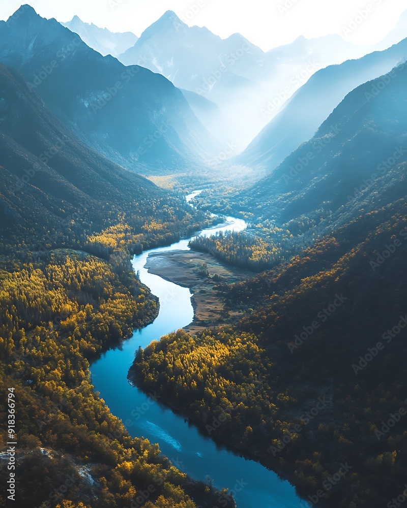 Aerial Shot of Valley with River, Mountains, and Thick Forests in Rich Colors Aerial Shot of Valley with River, Mountains, and Thick Forests in Rich Colors