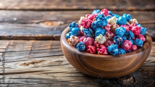 A Symphony of Sweet and Salty: Blue and Pink Popcorn in a Rustic Wooden Bowl  AI Generated photo