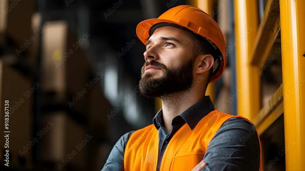 Man in Orange Vest and Hard Hat, Standing in a warehouse, highlighting safety and professionalism in an industrial setting Man in Orange Vest and Hard Hat, Standing in a warehouse, highlighting safety and professionalism in an industrial setting