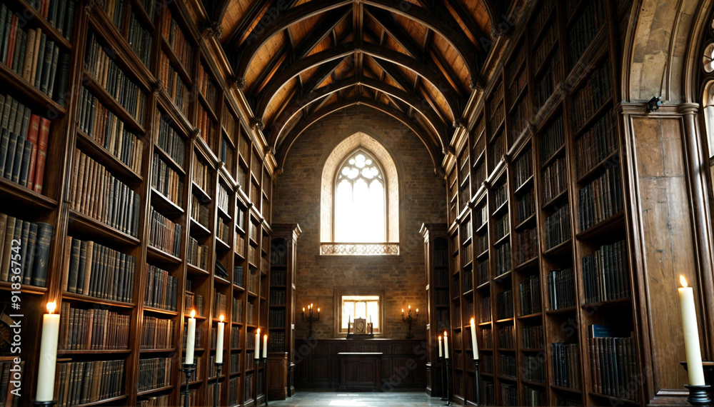 an old, wooden library with bookshelves on either side and a window at the end. The room has a cathedral-like ceiling and is filled with sunlight. There are several flickering candles an old, wooden library with bookshelves on either side and a window at the end. The room has a cathedral-like ceiling and is filled with sunlight. There are several flickering candles