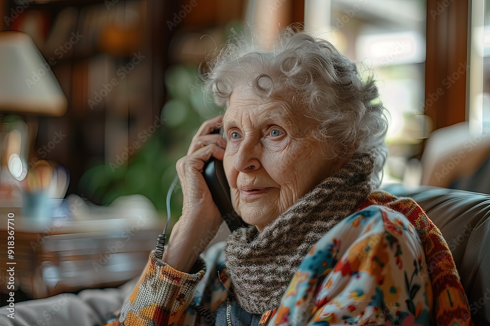 Elderly woman using a tactile phone to communicate indoors