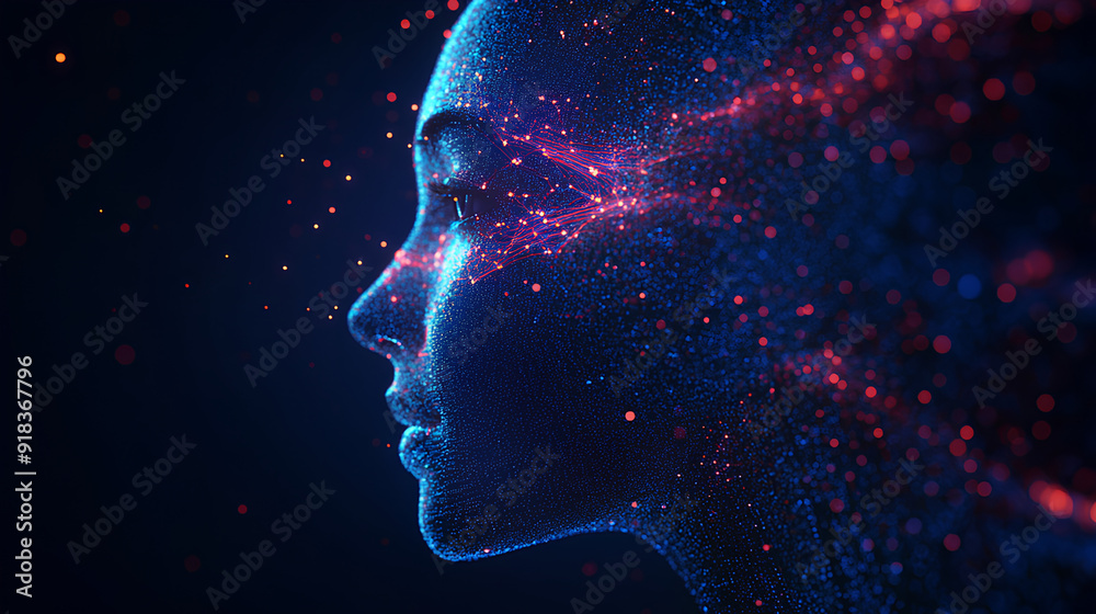 Big data and artificial intelligence concept. Machine learning concept and cyber mind dominance in the form of a woman's face on a dark blue technology background, 3d illustration Big data and artificial intelligence concept. Machine learning concept and cyber mind dominance in the form of a woman's face on a dark blue technology background, 3d illustration