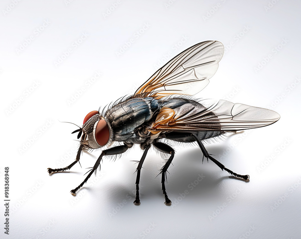 A detailed macrophoto of a housefly, capturing the intricate textures of its wings, compound eyes, and tiny hairs. A detailed macrophoto of a housefly, capturing the intricate textures of its wings, compound eyes, and tiny hairs.