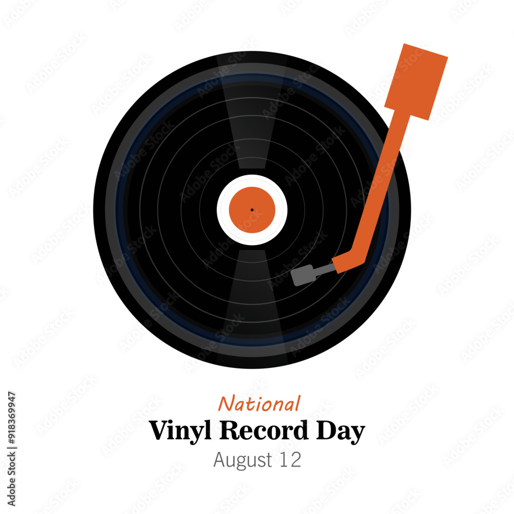 National Vinyl Record Day vector cartoon greeting card, banner, Illustration. Vinyl record playing on gramophone, hobby of listening to vinyl records. August12.