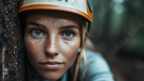 A close-up of a woman with freckles wearing a safety helmet, closely attached to a tree, emphasizing the themes of safety, adventure, and natural exploration. photo