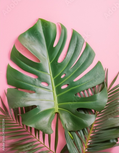 Monstera plant in a simple pink clean studio background