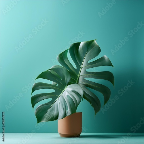 Monstera plant in a simple teal clean studio background
