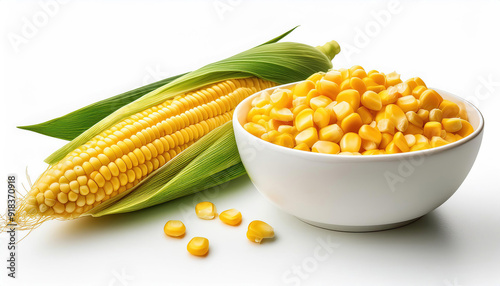 Sweet Corn or Maize: Bowl of Corn Seeds and Baby Corns with green leaves on White Background
