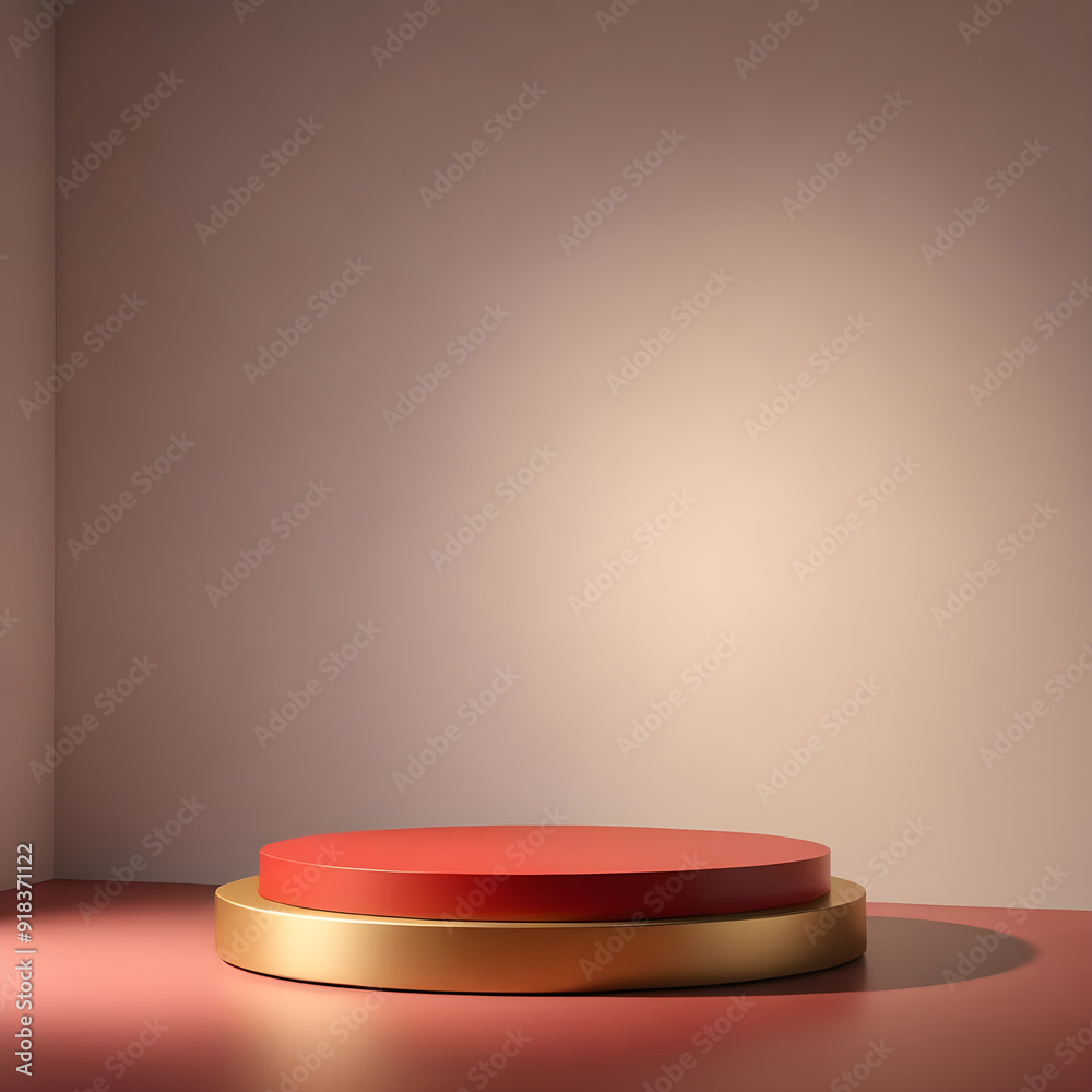 A round podium with a red circle on it is lit up for mock up A round podium with a red circle on it is lit up for mock up