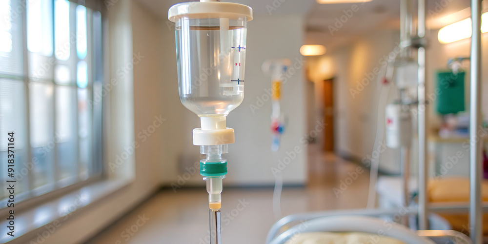 Close up medical intravenous IV drip in hospital background Close up medical intravenous IV drip in hospital background