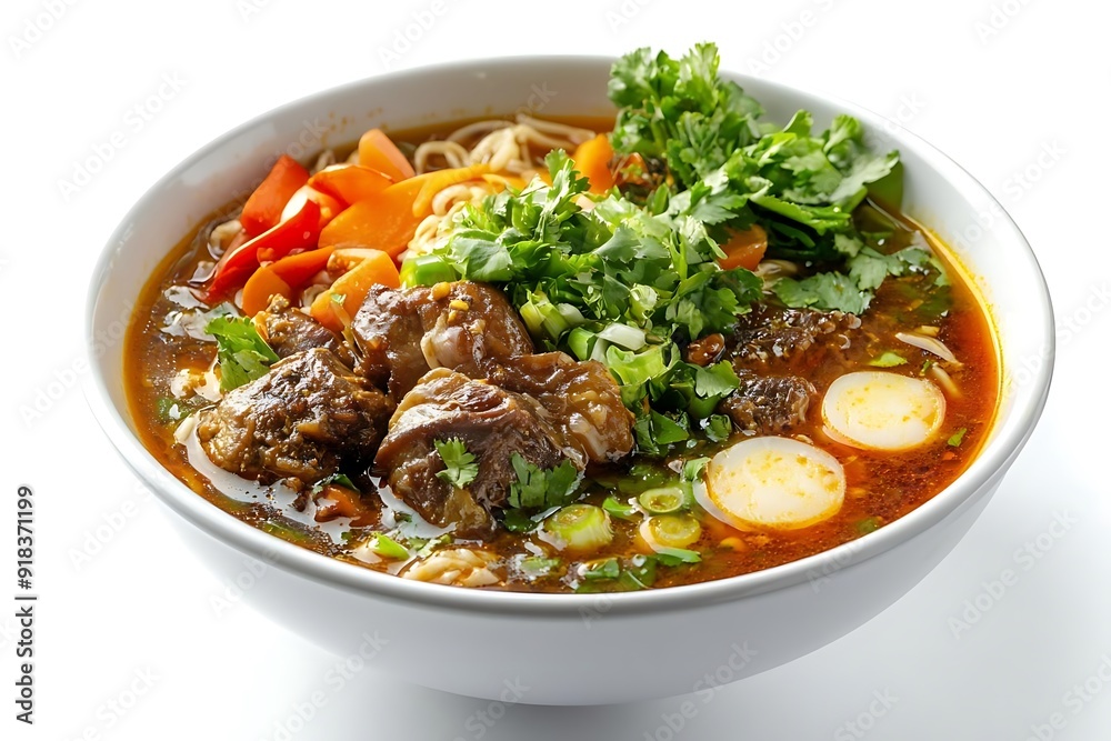Bowl of Beef Noodle Soup with Cilantro and Green Onions - Realistic Food Image Bowl of Beef Noodle Soup with Cilantro and Green Onions - Realistic Food Image