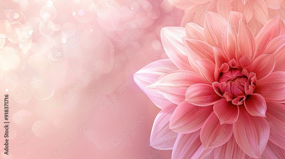 Close-up of a blooming dahlia flower with delicate pink petals, set against a soft pink background with ample copyspace. Close-up of a blooming dahlia flower with delicate pink petals, set against a soft pink background with ample copyspace.