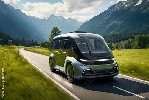 A futuristic electric vehicle cruising on a scenic mountain road, perfect for concepts related to sustainable travel, eco-friendly transportation, and advancements in automotive technology,