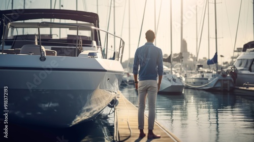 A man stands on a marina dock next to a luxury yacht, reflecting on the peaceful and sunny day, ideal for themes of travel, leisure, and lifestyle imagery, photo