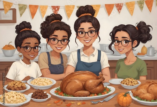 Cartoon illustration of  Thanksgiving and autumn concept with, people, chicken