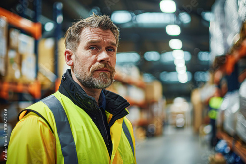 Reflective Manager Supervising Logistics Operation in Warehouse with Attentive Expression and Employees in Background