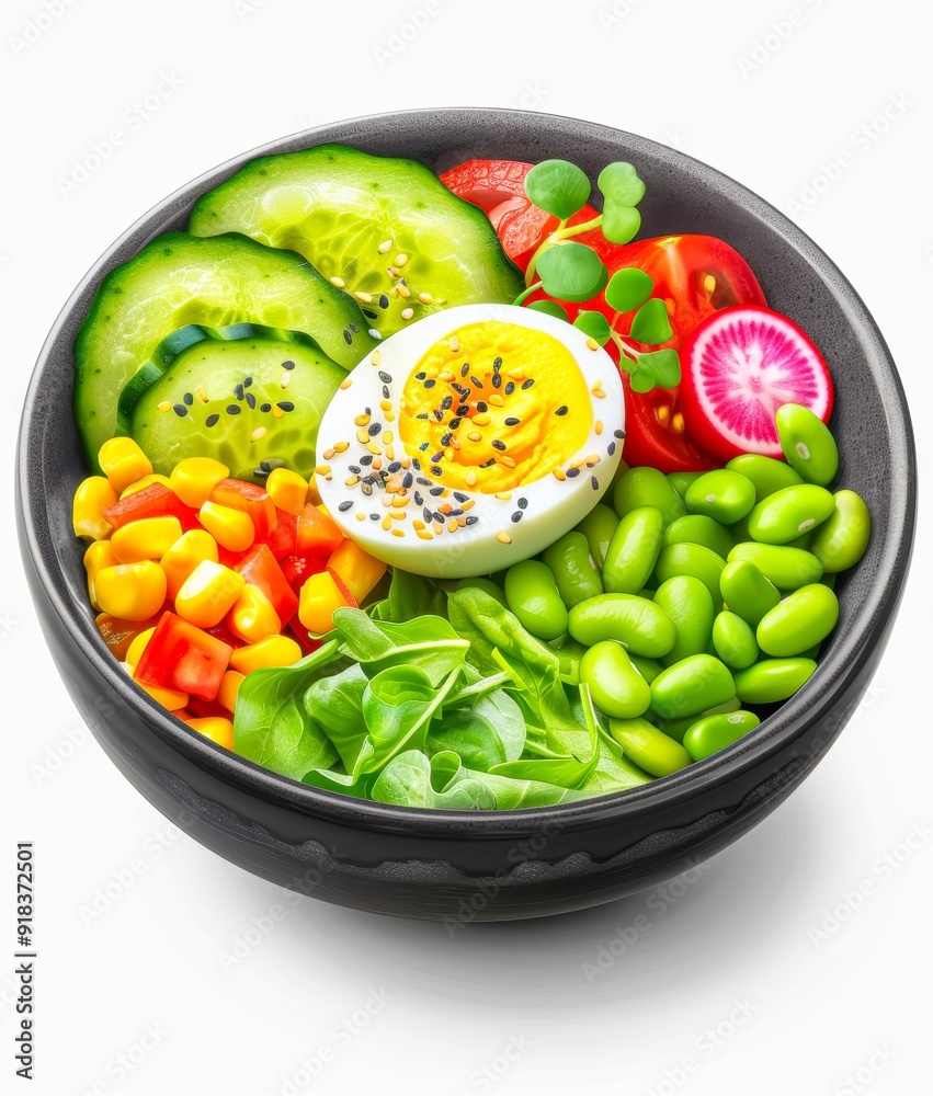 A vibrant poke bowl featuring fresh vegetables, a sliced boiled egg, and a variety of colorful ingredients, showcasing a healthy and balanced meal option ideal for articles, menus A vibrant poke bowl featuring fresh vegetables, a sliced boiled egg, and a variety of colorful ingredients, showcasing a healthy and balanced meal option ideal for articles, menus