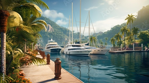 A tranquil marina scene with luxury yachts docked, clear blue waters, lush green mountains, and palm trees lining the boardwalk ideal for travel, luxury lifestyle, or vacation-themed designs,