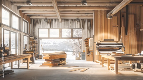 A spacious, light-filled woodworking workshop with wooden beams, tools, and materials ready for projects, set against a snowy outdoor backdrop, Ideal for themes of craftsmanship, woodworking photo