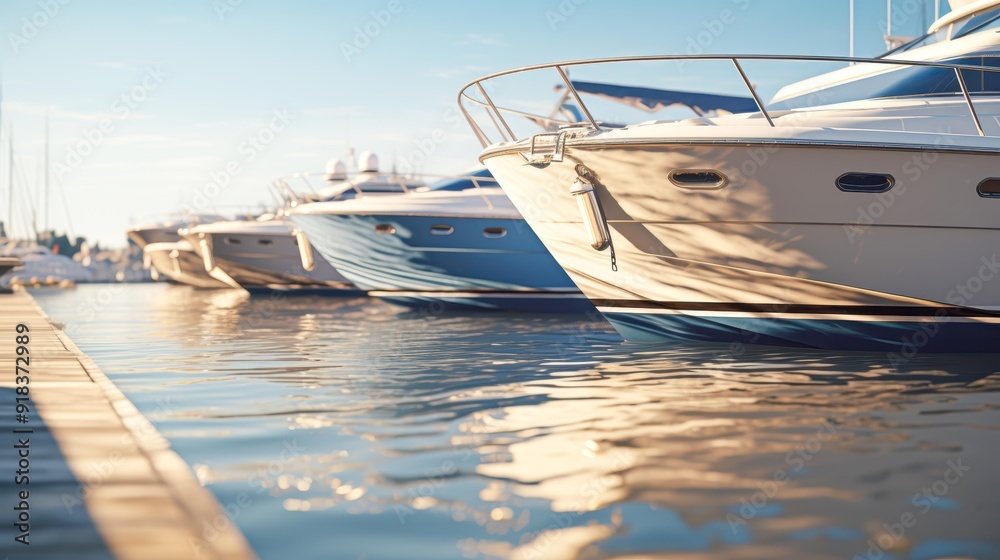 Luxury yachts docked at a marina under a clear sky, with golden reflections on the water ideal for themes like leisure, travel, luxury, and vacation, Luxury yachts docked at a marina under a clear sky, with golden reflections on the water ideal for themes like leisure, travel, luxury, and vacation,
