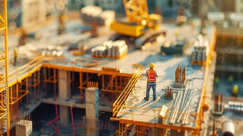 A construction worker in a safety vest and hard hat oversees a building site with heavy machinery and scaffolding in action, perfect for illustrating construction, industrial work photo