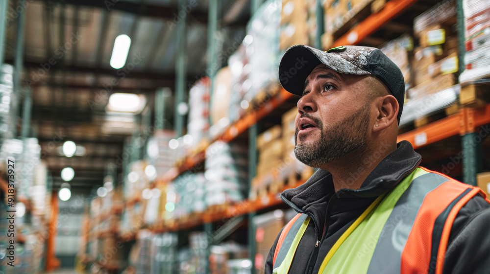 A man in a safety vest stands in a warehouse looking up at a shelf