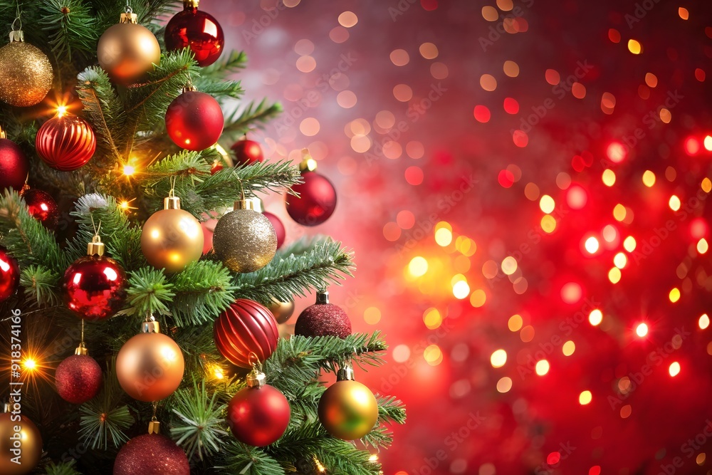 Christmas baubles hanging in a spiffy way on lush green branches of a fresh fir tree, with gold bokeh lights in the background
Christmas baubles hanging in a spiffy way on lush green branches of a fresh fir tree, with gold bokeh lights in the background