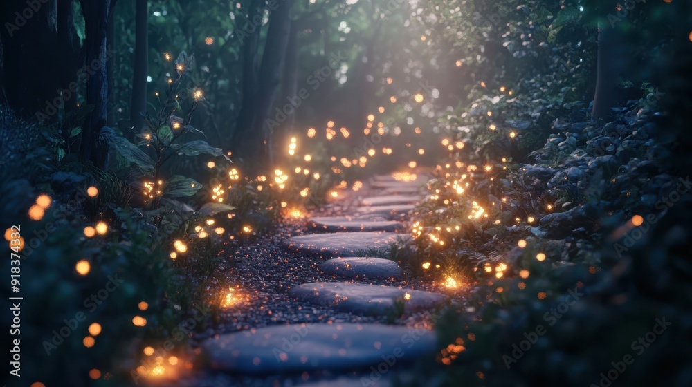 Naklejka premium An enchanted ink drop shapes into a glowing enchanted path, its stones and foliage illuminated by a soft, magical glow.