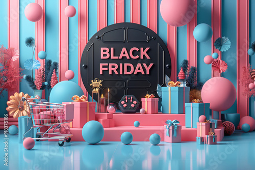 Striking 3D signboard Black Friday announces a shopping event, surrounded by vibrant decorations, colorful gifts, and festive elements. Seasoanl sales and discounts photo