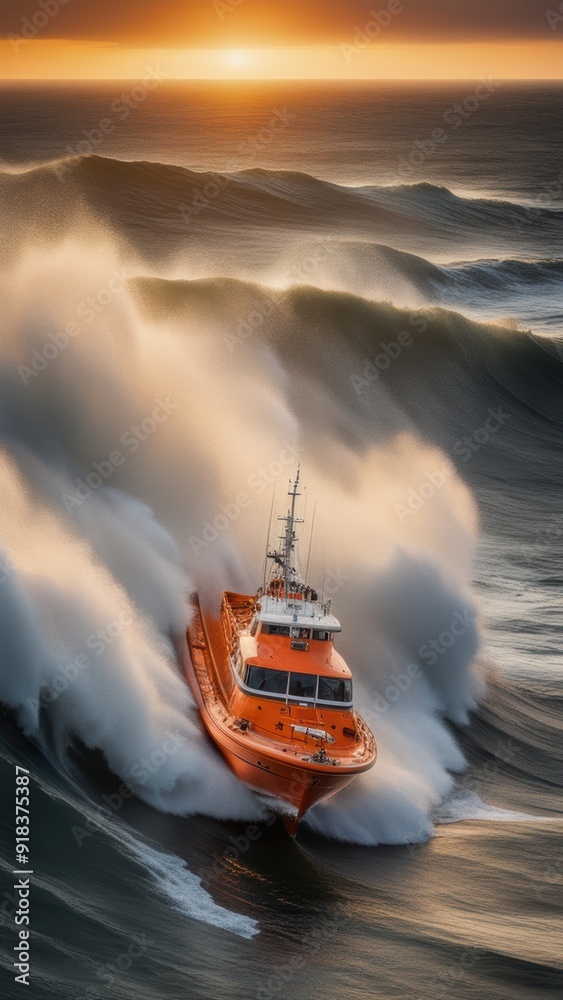 Fototapeta premium Orange RIB boat navigates through rough waves at sunset.