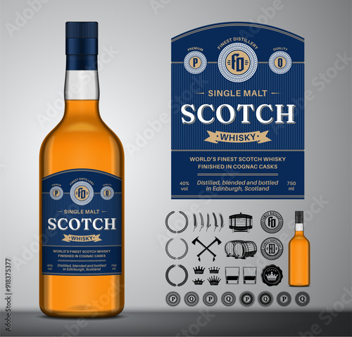 Vector scotch whisky label. Scotch bottle, icons, badges, insignia