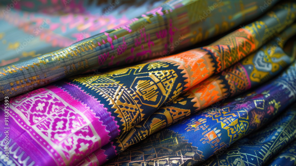 Brightly colored Thai sarong fabric with intricate, hand-woven designs Brightly colored Thai sarong fabric with intricate, hand-woven designs