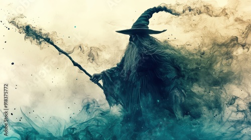 An ink drop forming the shape of a wise old wizard with a staff, evoking characters from fantasy novels.