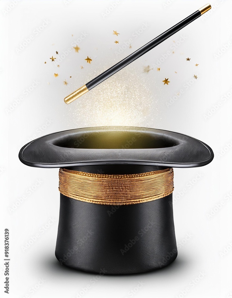 illustration of a Cylinder magic hat with golden ribbon and fairytale wand. Vintage man fashion and magic show concept. Vector art isolated on white background