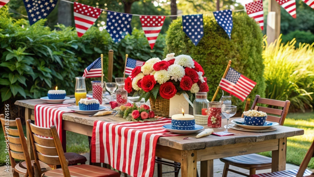 Obraz premium Patriotic Table Setting with American Flags and Flowers