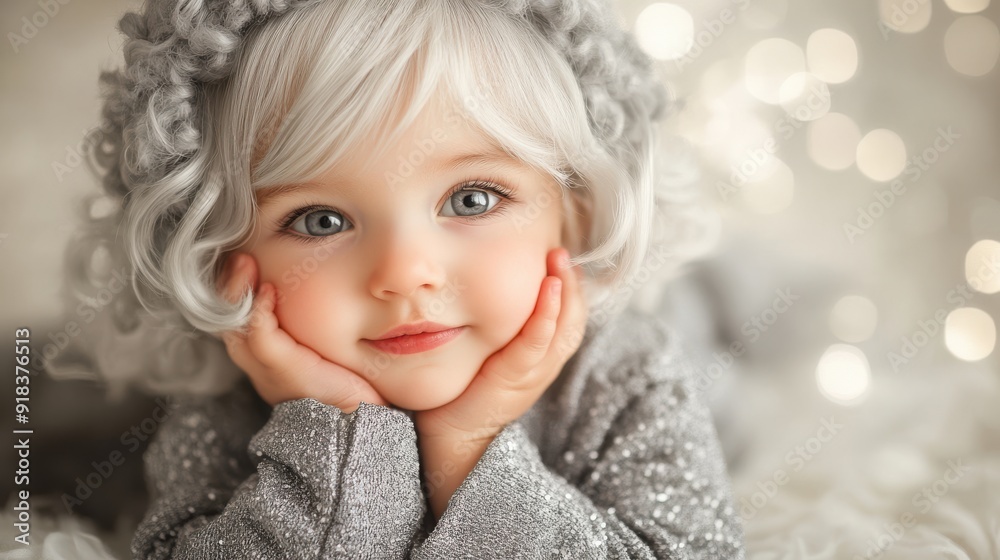 Baby fashion model in a cute gray wig outfit Baby fashion model in a cute gray wig outfit