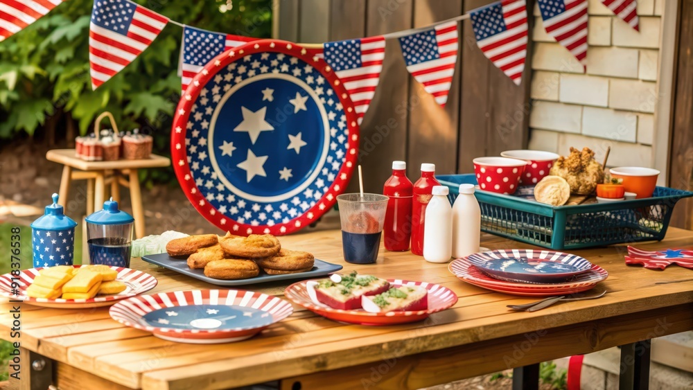 Naklejka premium Patriotic Table Setting with Food and Decor for a Summer Picnic