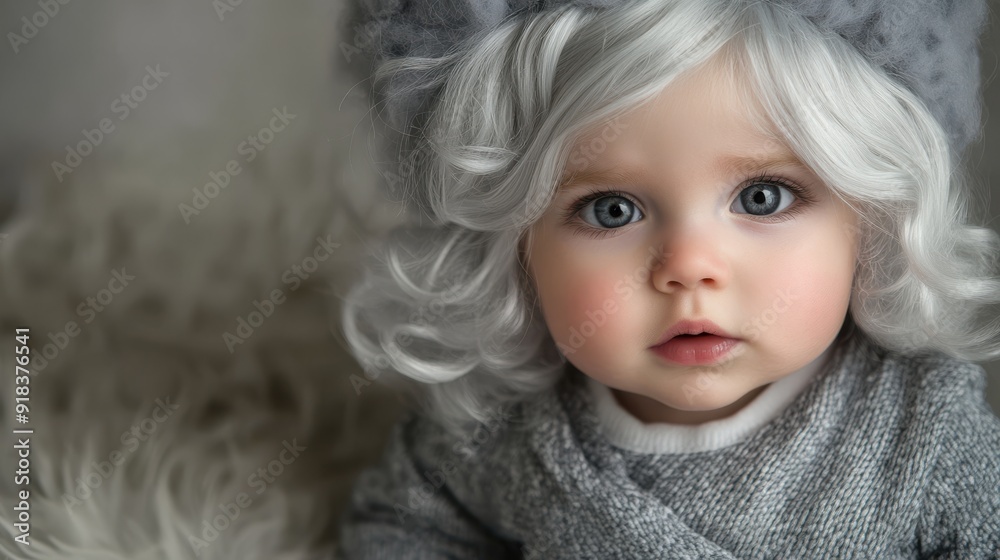 Baby fashion model in a cute gray wig outfit Baby fashion model in a cute gray wig outfit