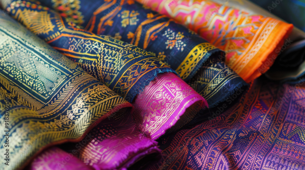 Brightly colored Thai sarong fabric with intricate, hand-woven designs