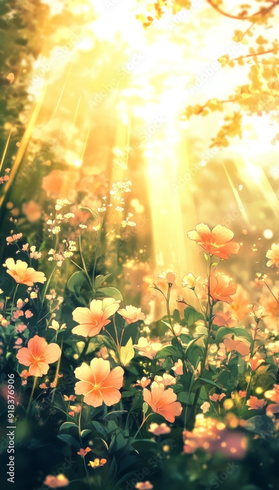 Obraz premium Luminous Gerbera Daisy Garden Radiating Warmth under a Golden Sky: Anime-Style Abstract Art for Game and Storybook Illustrations in 4K Wallpaper.