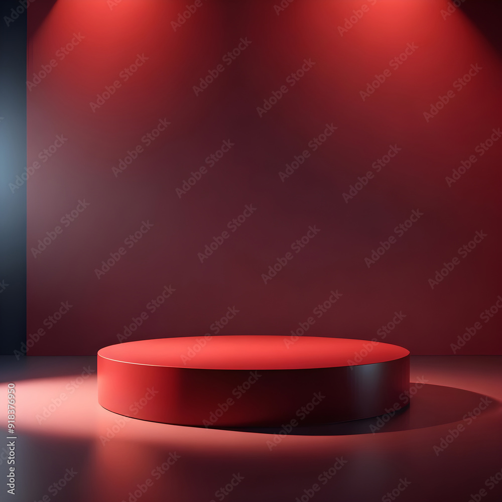 A round podium with a red circle on it is lit up for mock up A round podium with a red circle on it is lit up for mock up